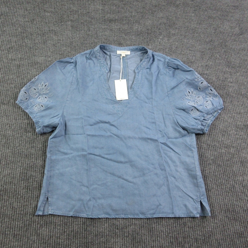 Elan Blouse Womens XL Blue V-Neck Chambray Lyocell Puff Sleeve Embroidered NWT
